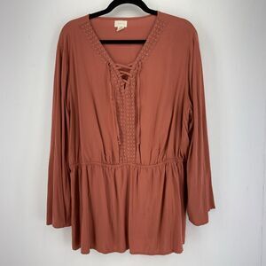 Peasant Boho Hippie 2X Tunic Top Flowy Foral Lace Bell Sleeve Festival Relaxed